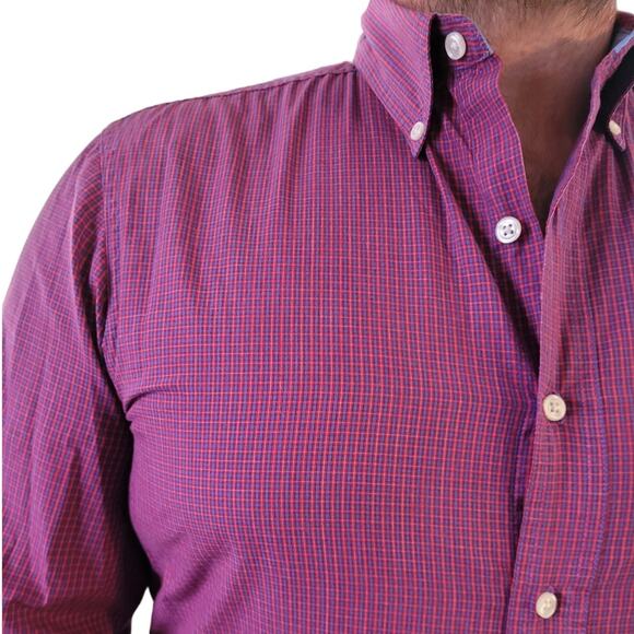 Vintage 1990s Chaps Mens Plaid Button Down Shirt Medium Red Blue Y2K Preppy - Picture 8 of 10